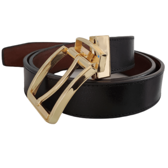 BLACK AND BROWN DOUBLE-SIDED LEATHER BELT IN GOLDEN BUCKLE